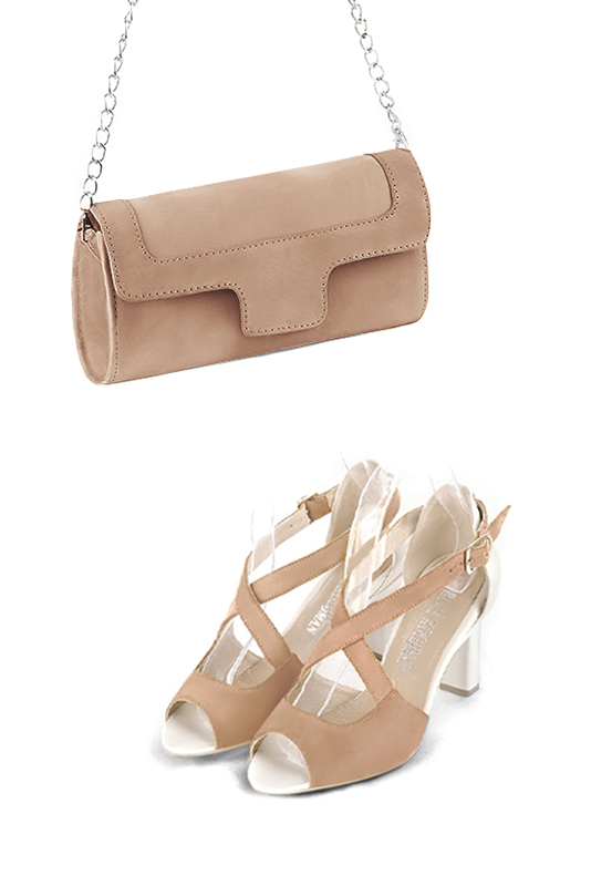 Dress clutch for wedding and parties in biscuit beige leather - Worn view